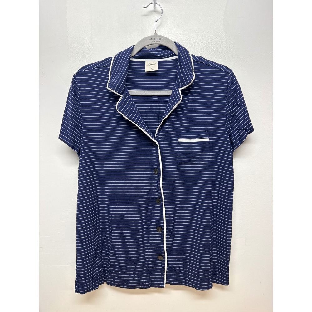 Soma Pajama Set Womens Medium Navy White Striped Short Sleeve Crop Pants #49 - Picture 2 of 7